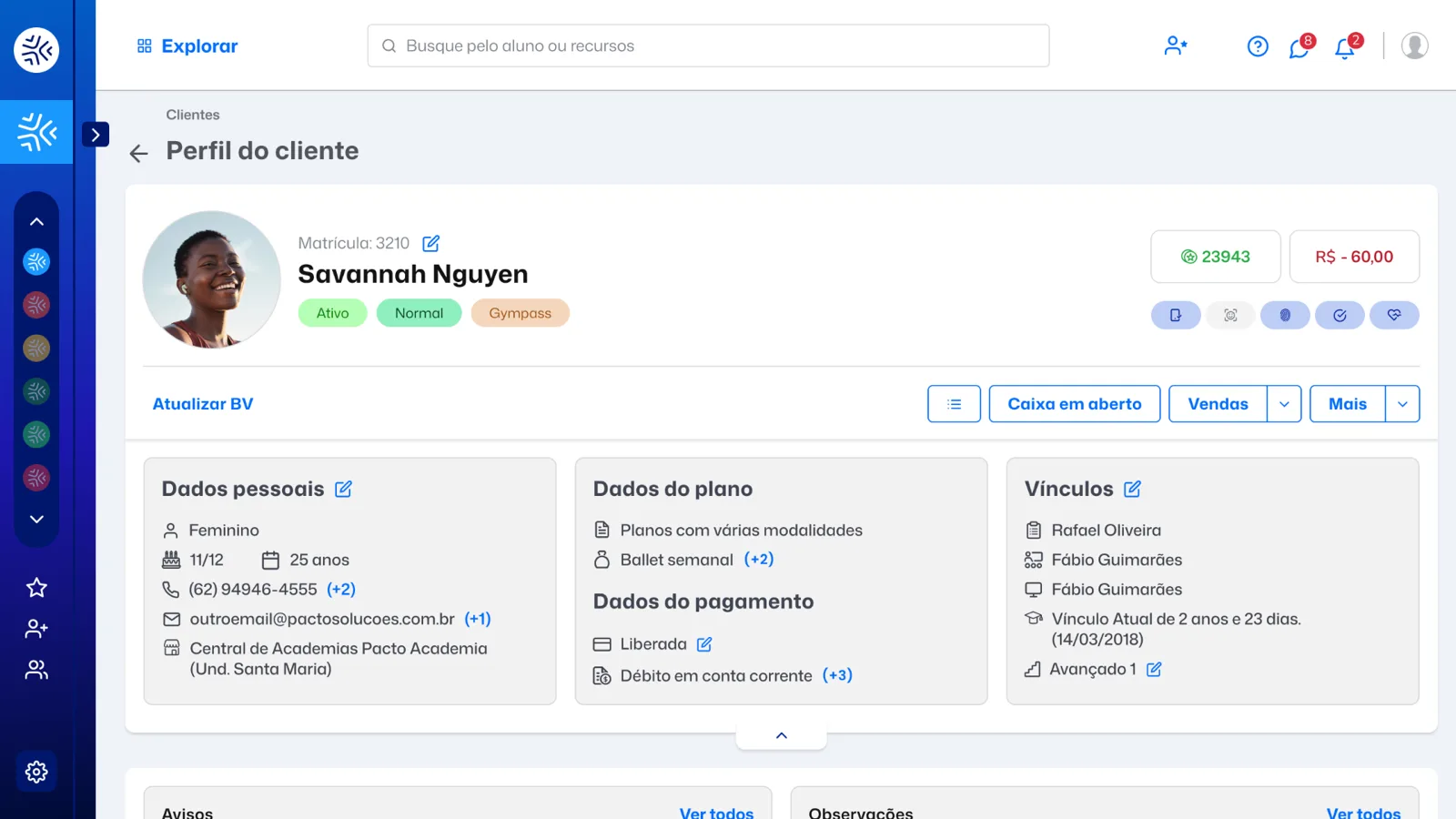 Painel do sistema Pacto — perfil do cliente com dados, plano e financeiro